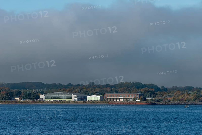 MFG 5 area on the fjord, Kiel Fjord, Holtenau district, Kiel, Baltic Sea, former naval aviation squadron, currently required location for the Federal Navy, hangar, Schleswig-Holstein, Germany