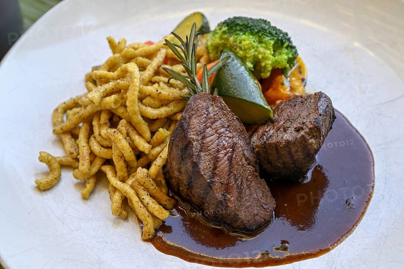 Springbok fillet with spaetzle in a restaurant, Windhoek, Khomas region, Namibia