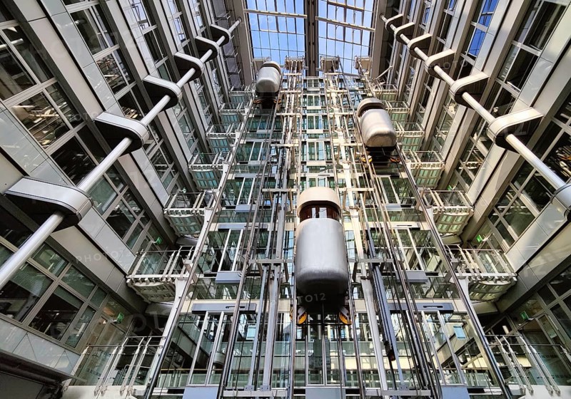 Atrium with three panoramic lifts, interior lift, Ludwig-Erhard-Haus, abbreviated LEH, Charlottenburg, City-West, Berlin, Germany