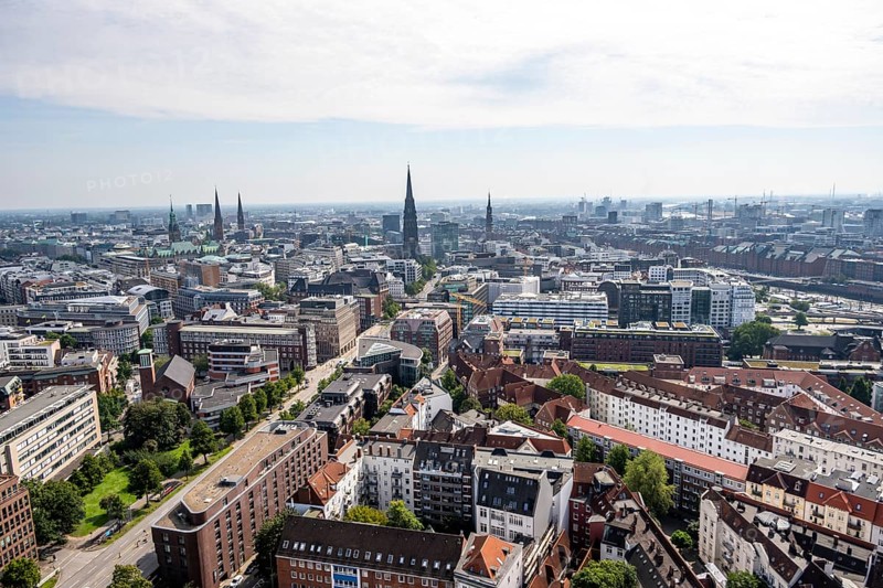 City view, view over Hamburg city centre with church towers and town hall tower, from the tower of St. Michael's Church, Hamburg, Germany