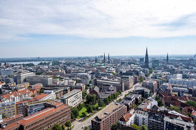 City view, view over the city with church towers and town hall tower, from the tower of St Michael's Church, Hamburg, Germany