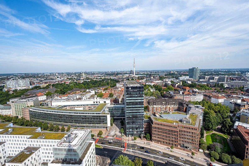City view, view over the city with television tower, from the tower of St Michael's Church, Hamburg, Germany
