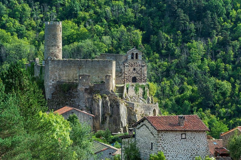Saint Andre de Chalencon village. Castle and Chapel of Chalencon. Haute Loire. Auvergne Rhone Alpes. France