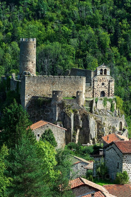 Saint Andre de Chalencon village. Castle and Chapel of Chalencon. Haute Loire. Auvergne Rhone Alpes. France