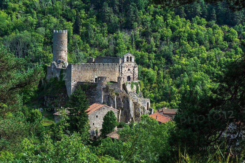 Saint Andre de Chalencon village. Castle and Chapel of Chalencon. Haute Loire. Auvergne Rhone Alpes. France