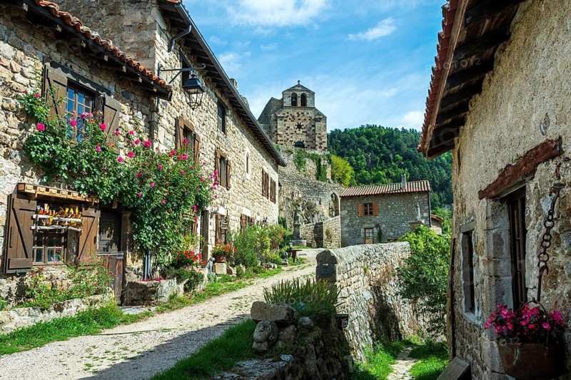 Saint Andre de Chalencon village. Street of Chalencon. Haute Loire. Auvergne Rhone Alpes. France