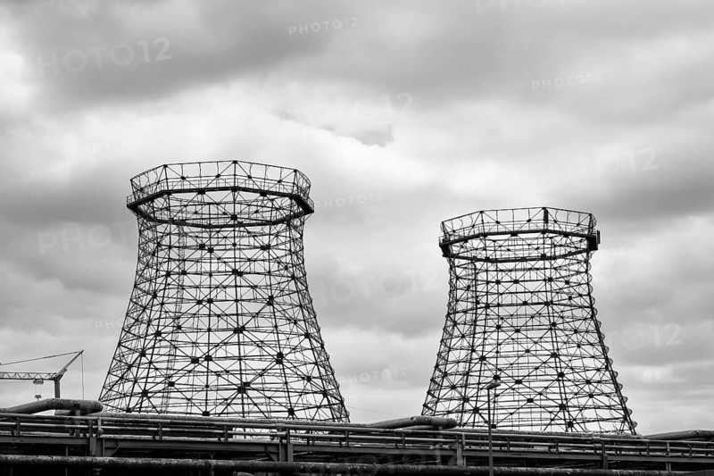 Scaffolding of former cooling towers, fan cooler, Zollverein coking plant, black and white photo, UNESCO World Heritage Site, Essen, Ruhr area, North Rhine-Westphalia, Germany