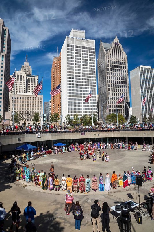 Detroit, Michigan USA - 13 October 2025 - On Indigenous People's Day, Native American tribes held a Pow Wow in downtown Detroit. The city of Detroit (originally Waawiyatanong) recognizes the day as Indigenous People's Day, while the federal government observes it only as Columbus Day