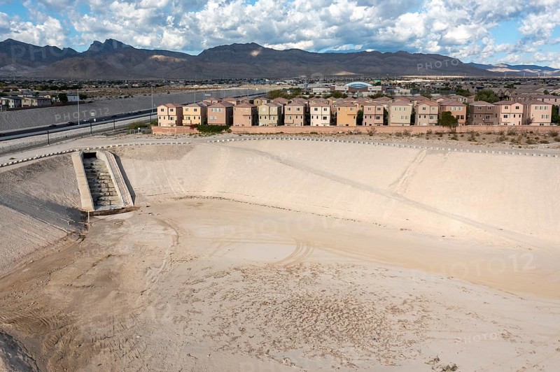 Las Vegas, Nevada - A water detention basin, one of about 100 built by the Clark County Regonal Flood Control District to temporarily collect stormwater, protecting neighborhoods from flooding