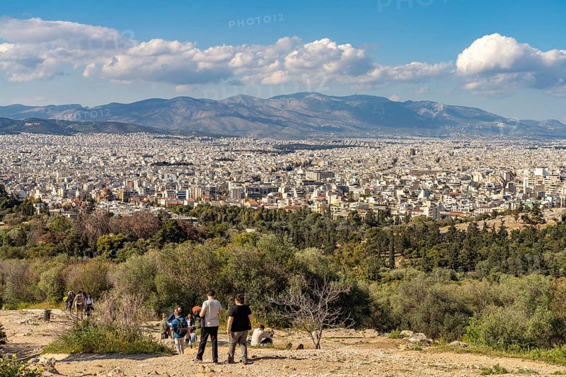View from Philopappos Hill over the sea of houses in the Greek capital Athens, Greece