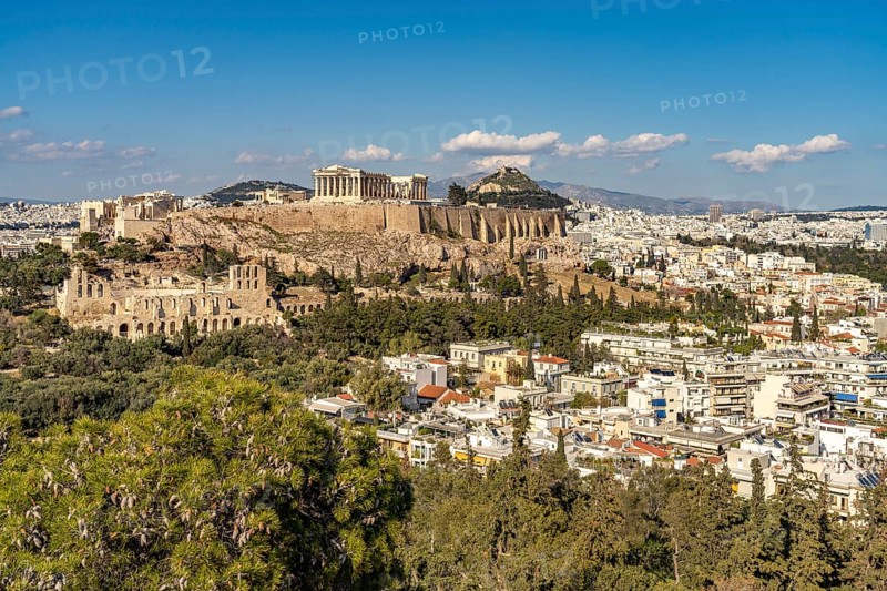 View of the Acropolis from Philopappos Hill in the Greek capital Athens, Greece