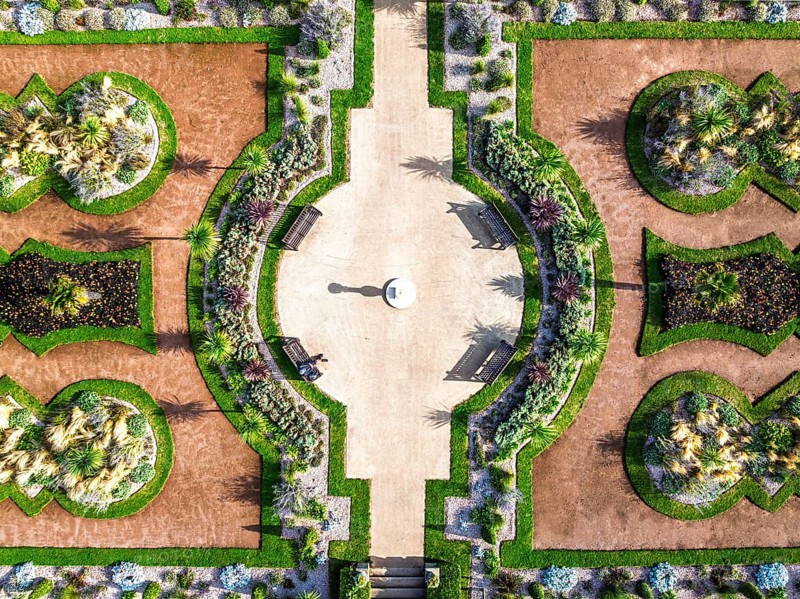 Top Down view over Italian Garden in Abbey Park from drone, Torquay, Torbay, Devon, England, United Kingdom