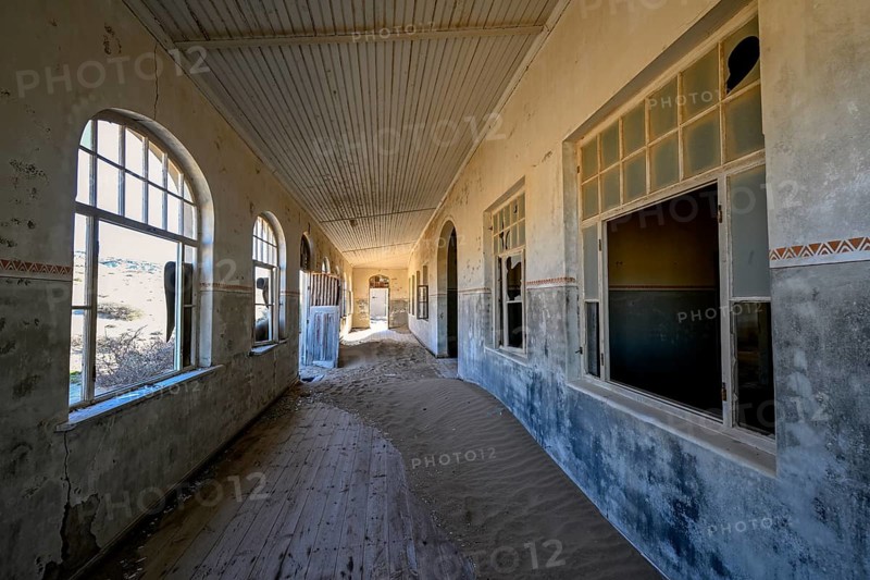 Former residential building, interior photo, Kolmanskop, restricted diamond area, near Lüderitz, Karas region, Namibia