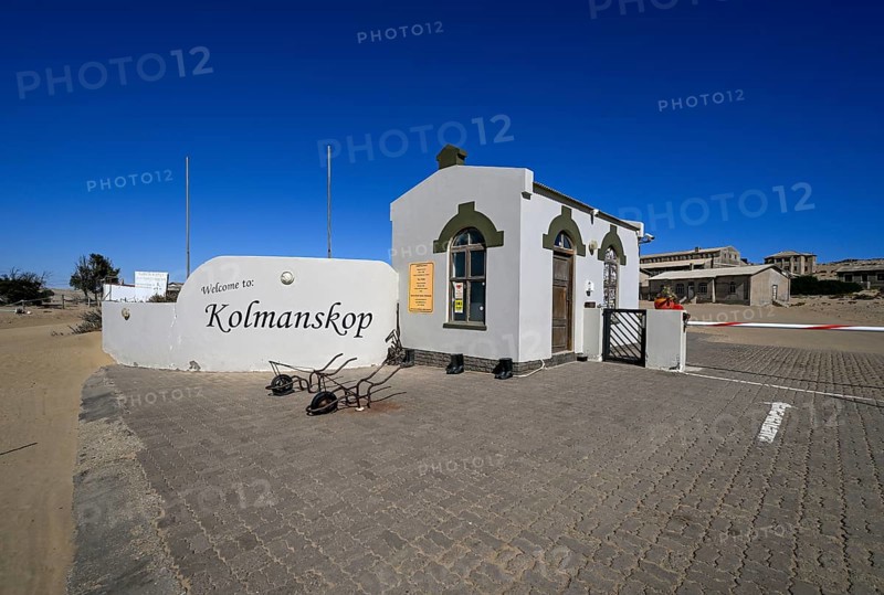 Entrance gate to the former diamond settlement of Kolmanskop, restricted diamond area, near Lüderitz, Karas region, Namibia
