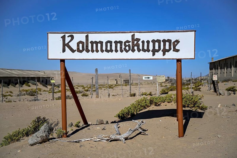 Sign Kolmanskop, diamond restricted area, near Lüderitz, Karas region, Namibia