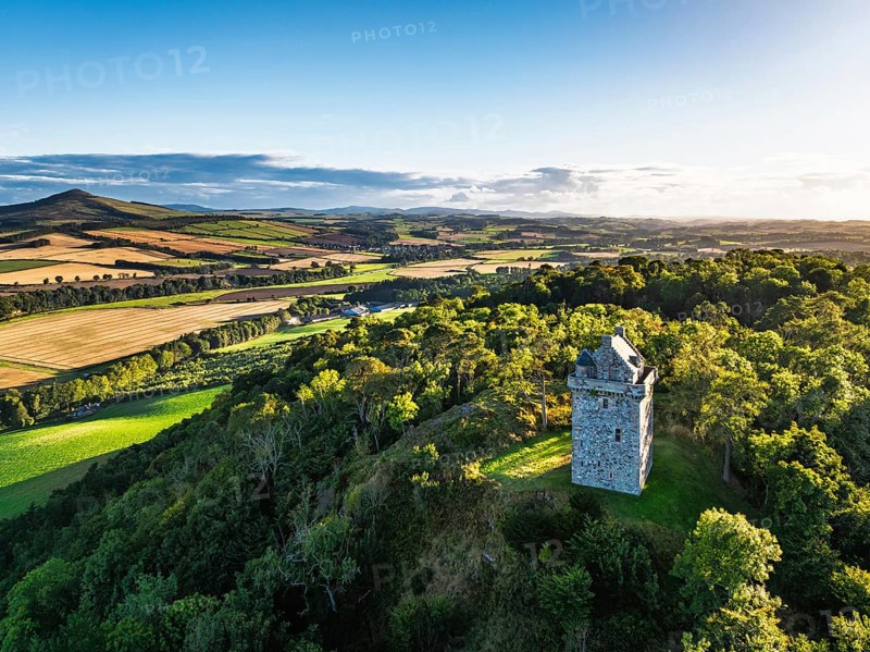 Fatlips Castle from a drone, Minto Crags, River Teviot, Roxburghshire, Scottish Borders, Scotland, UK