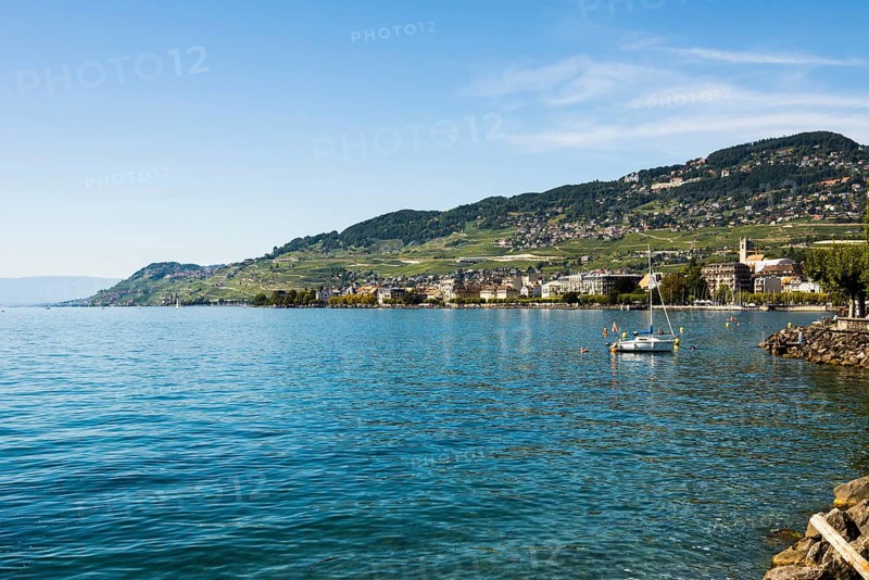Panorama, lakeside town, Vevey, Lake Geneva, Lac Léman, Canton of Vaud, Switzerland