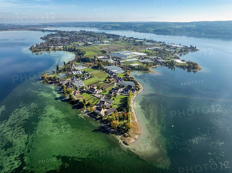 Aerial view of the north-western tip of the island of Reichenau in Lake Constance, with the district of Niederzell and the columned basilica of St Peter and Paul, Windegg Castle on the shore, district of Constance, Baden-Württemberg, Germany