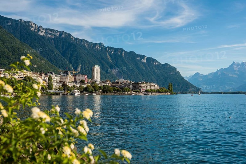 Town by the lake, Panorama, Montreux, Lake Geneva, Lac Léman, Canton Vaud, Switzerland