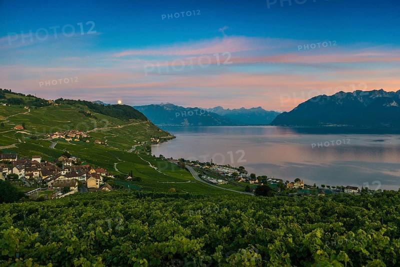Picturesque village in the vineyards by the lake, Epesses, sunset, full moon, Lavaux, UNESCO World Heritage Site, Lake Geneva, Lac Léman, Canton of Vaud, Switzerland