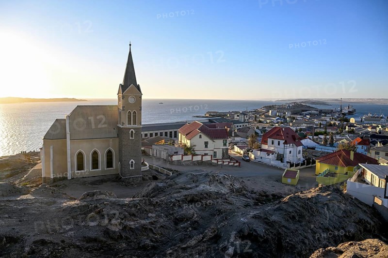 View of the rock church from 1912, blue hour, Lüderitz, Karas Region, Namibia