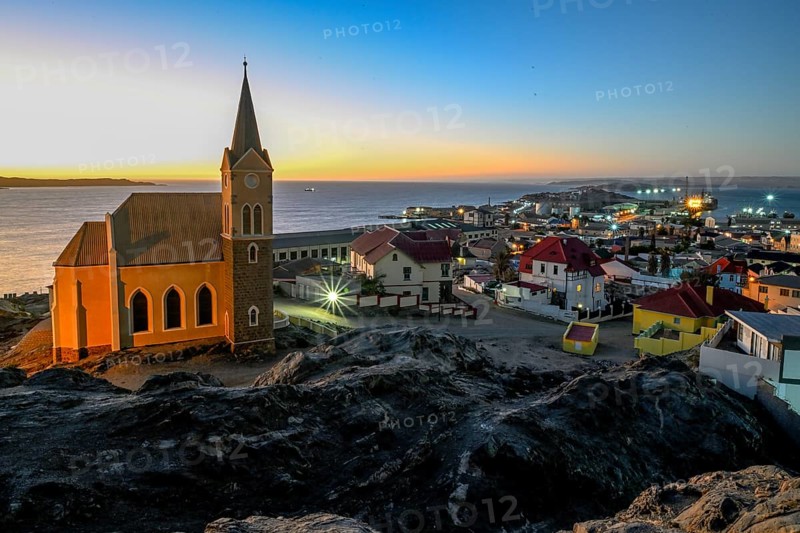 View of the rock church from 1912, blue hour, Lüderitz, Karas Region, Namibia