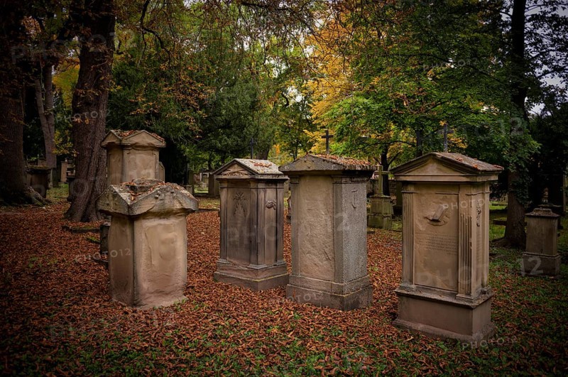 Gravestones, grave, graves, Hoppenlauf cemetery, oldest preserved cemetery in Stuttgart, autumn leaves, autumn, autumnal, Baden-Württemberg, Germany