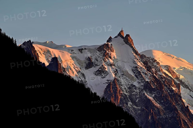 From left: snow-covered Aiguille du Midi, Mont-Blanc, Chamonix-Mont-Blanc, Haute-Savoie, France