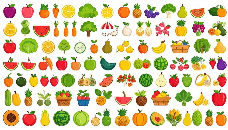 Spring and summer fruit and vegetable element set, vector illustration, AI generated