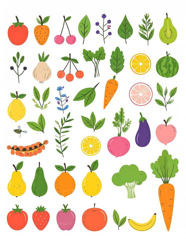 Spring and summer fruit and vegetable element set, vector illustration, AI generated