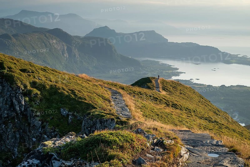 Hikers on Rørsethornet stone staircase, with 3292 steps one of the longest continuous stone staircases in the world, Sherpatreppe or Midsundtreppe or Midsundtrappene, Rørsethornet hike, Otroya or Otrøya island, Møre og Romsdal, Norway