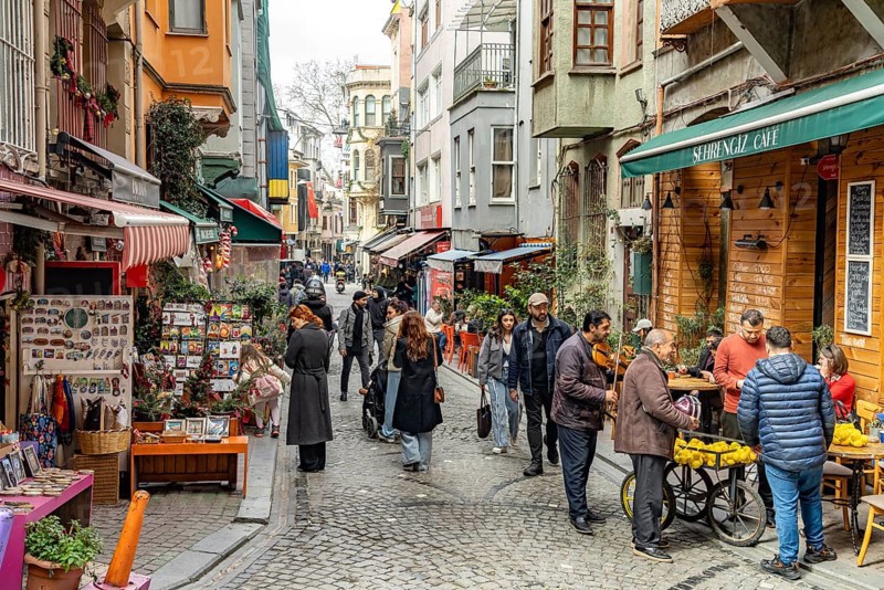 Cafe and shops in the colourful Balat district, Istanbul, Turkey