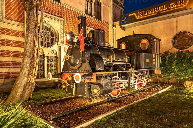 Steam locomotive in front of Istanbul Sirkeci railway station in Istanbul, Turkey