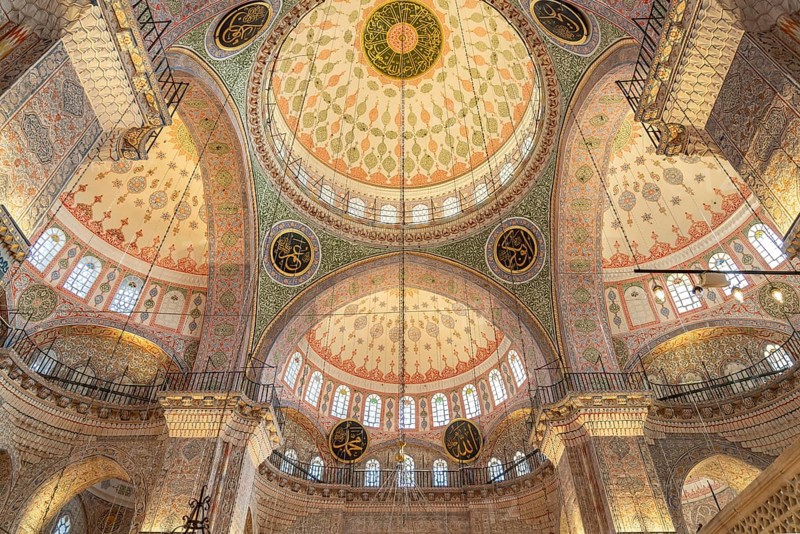 Interior and domes of the New Mosque Yeni Camii in Istanbul, Turkey