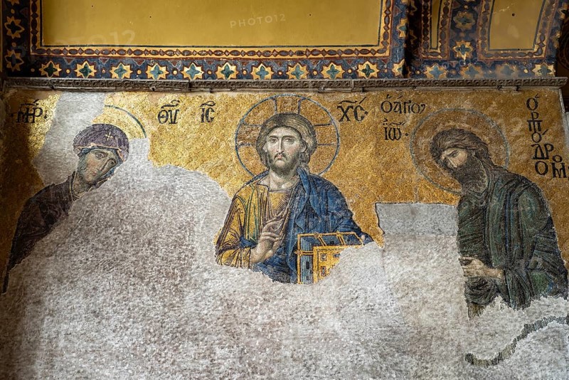 Deësis mosaic with Jesus Christ as Pantocrator in the interior of today's Hagia Sophia mosque or Church of St Sophia, former Byzantine church and museum in Istanbul, Turkey