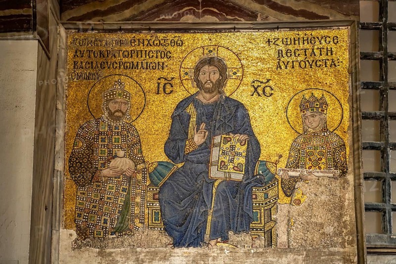 The Empress Zoe mosaic in the interior of today's Hagia Sophia mosque or Church of St Sophia, a former Byzantine church and museum in Istanbul, Turkey