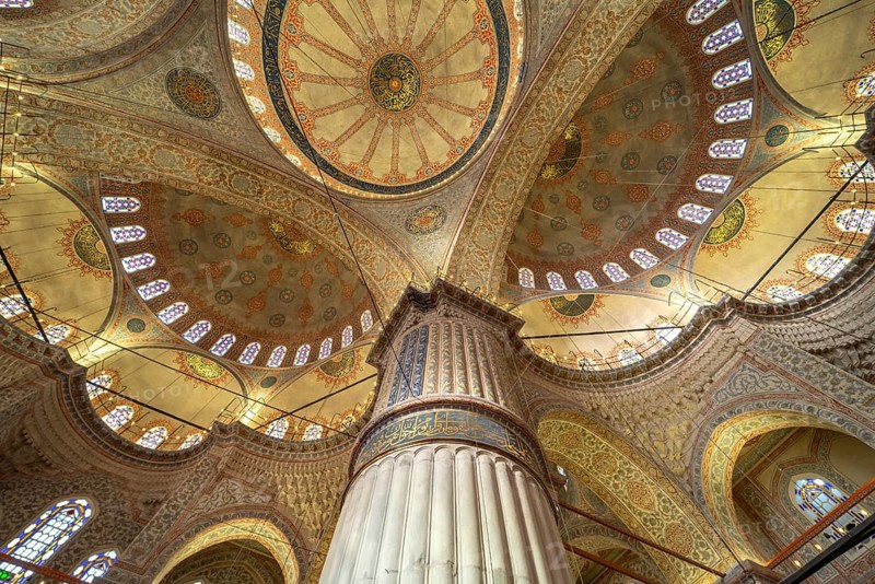 Column and domes of the Blue Mosque or Sultan Ahmed Mosque in Istanbul, Turkey