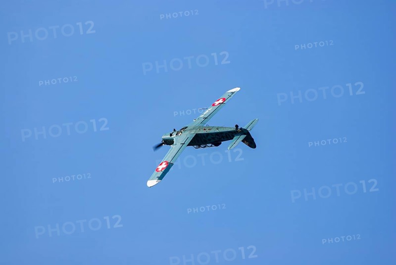 A Pilatus P-2 of Pilatus Flugzeugwerke AG with the registration D-EPII during a flight demonstration as part of an air show at the Rossfeld in Metzingen-Glems, Baden-Württemberg, Germany, for editorial use only