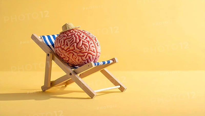 Brain relaxes on a sunbed under the summer sun, placed on a flat surface, symbol for mental health, AI generated