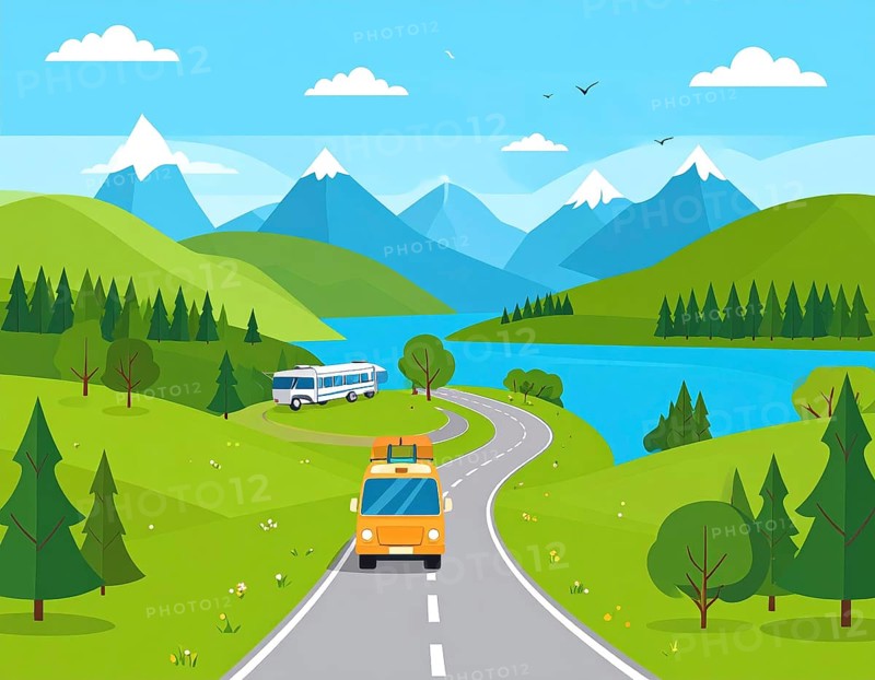 Traveling and hiking in mountain landscape, abstract vector illustration, AI generated image
