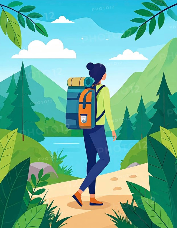 Traveling and hiking in mountain landscape, abstract vector illustration, AI generated image