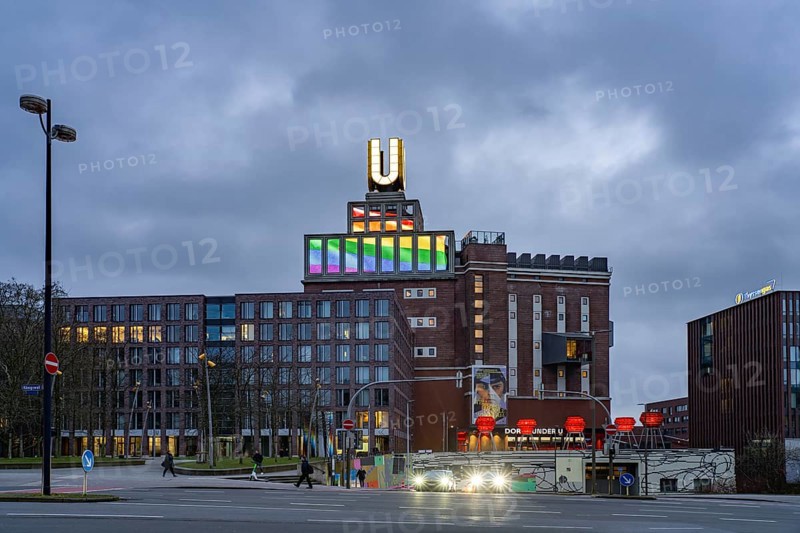 Dortmund landmark U, centre for art and creativity in the former Union Brewery at dusk, Dortmund, North Rhine-Westphalia, Germany