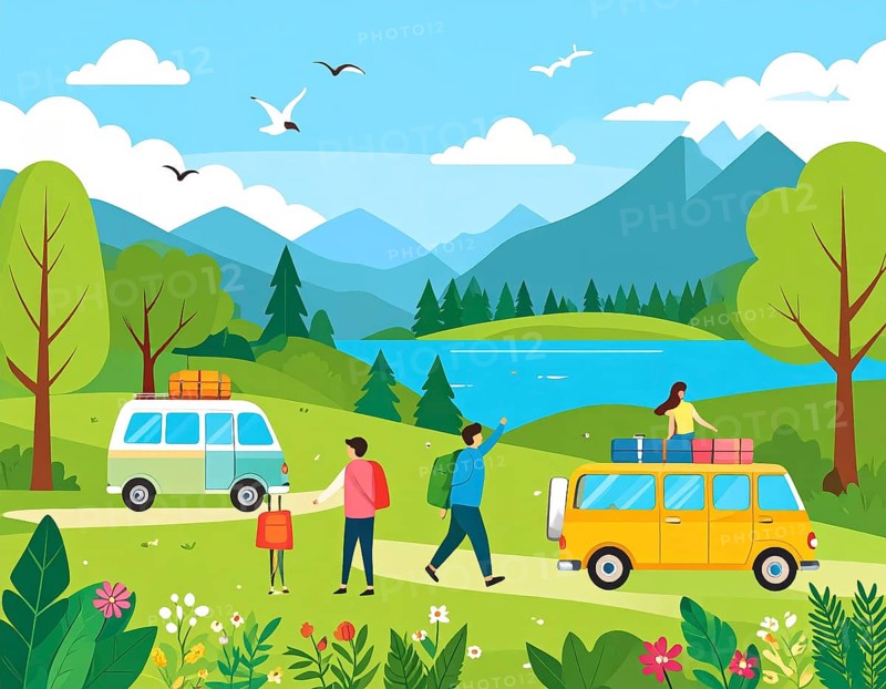 Traveling and hiking in mountain landscape, abstract vector illustration, AI generated image