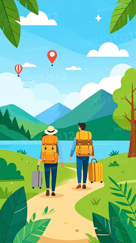 Traveling and hiking in mountain landscape, abstract vector illustration, AI generated image