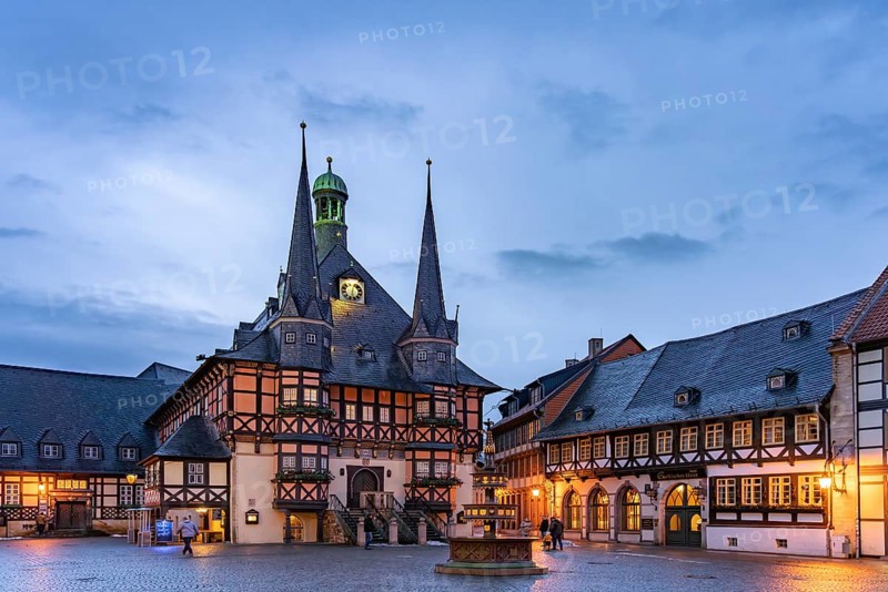 The town hall and market square in Wernigerode at dusk, Saxony-Anhalt, Germany