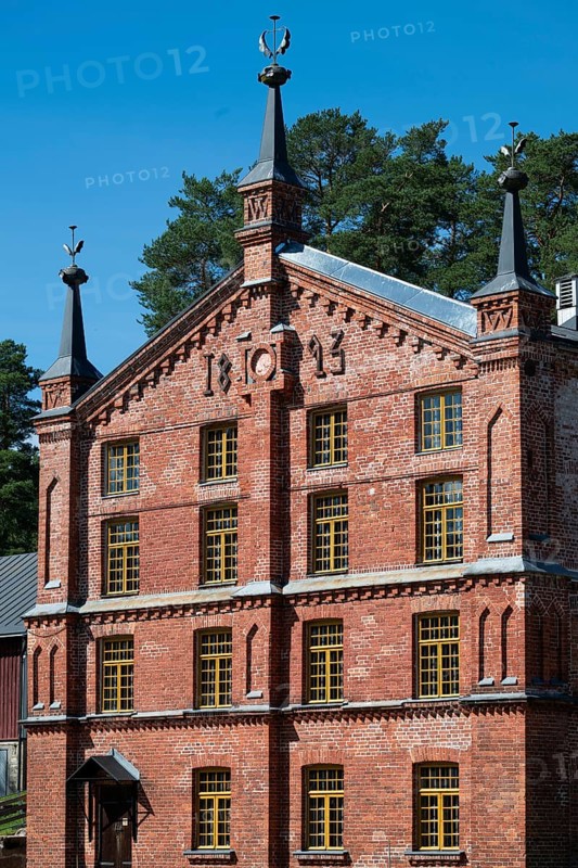 Brick façade with inscription 1893, former paper factory and mill for the production of groundwood pulp board, UNESCO World Heritage Site Factory Village Verla, Maailmanperintökohde Verlan puuhiomo ja pahvitehdas, Verla Rapids, Kymenlaakso, near Kouvola, Finland