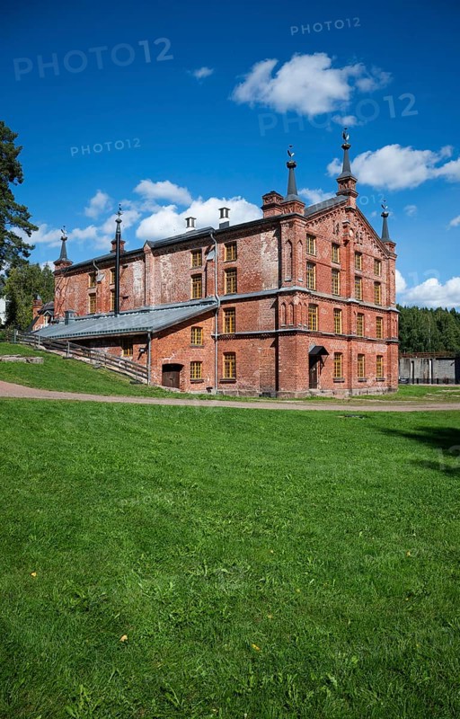 Brick building, former paper factory and mill for the production of groundwood pulp board, UNESCO World Heritage Site Verla Factory Village, Maailmanperintökohde Verlan puuhiomo ja pahvitehdas, Verla Rapids, Kymenlaakso, near Kouvola, Finland