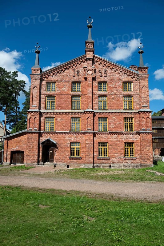 Multi-storey brick façade with inscription 1893, former paper factory and mill for the production of groundwood pulp board, UNESCO World Heritage Site Factory Village Verla, Maailmanperintökohde Verlan puuhiomo ja pahvitehdas, Verla Rapids, Kymenlaakso, near Kouvola, Finland
