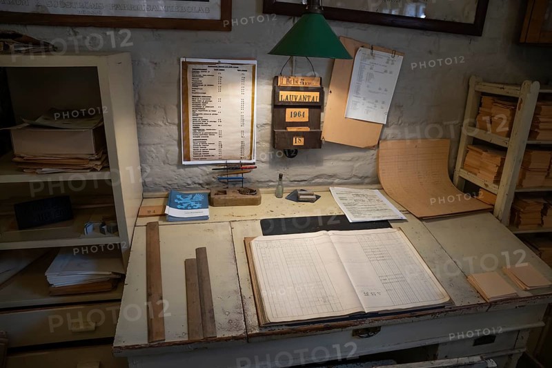 Desk in an office, former paper factory and mill for the production of groundwood pulp board, UNESCO World Heritage Site Verla Factory Village, Maailmanperintökohde Verlan puuhiomo ja pahvitehdas, Verla Rapids, Kymenlaakso, near Kouvola, Finland
