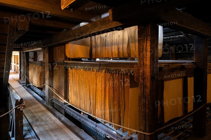 Cardboard hung up to dry, drying plant, factory hall, former paper factory and mill for the production of groundwood pulp board, UNESCO World Heritage Site Verla Factory Village, Maailmanperintökohde Verlan puuhiomo ja pahvitehdas, Verla Rapids, Kymenlaakso, near Kouvola, Finland